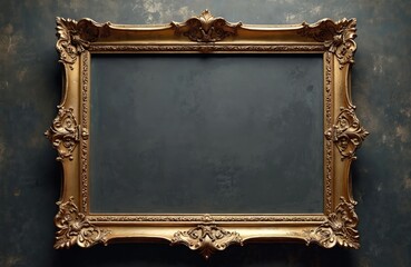 Poster - Illustration of antique golden frame with ornament on grunge textured wall. Retro design with baroque border for picture, image. Ornate grunge textured frame for painting in gallery, vintage design,