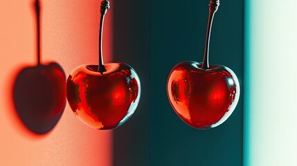 Poster - Floating Cherries Bathed in Holographic Light Within a Dreamy Cyberpunk Environment