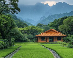 Wall Mural - Mountain view house, rice paddy, tranquil scene, Asian landscape, travel brochure