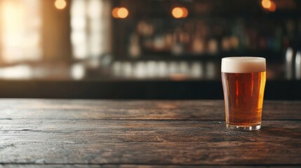 Poster - Glass of beer standing on wooden table in blurred bar background