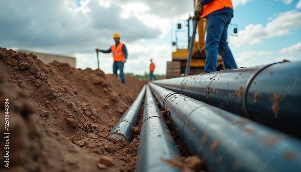 Construction workers install pipes at excavation site under sky. Heavy ...