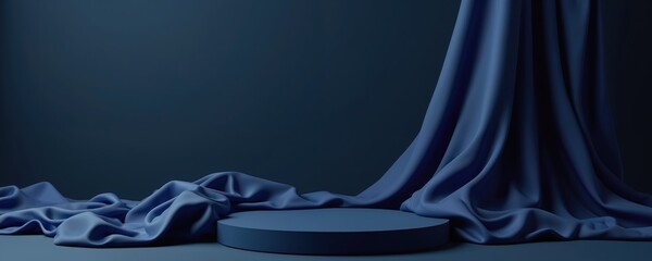 Aufkleber - Silk cloth drapes over dark blue podium. Modern art fashion background presents scene stage platform for cosmetic product display. Empty space for brand presentation design render.