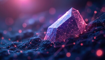 Aufkleber - Glowing polygon shape crystal, mesh in purple, blue color palette. Big data concept futuristic technology abstract background. Network connections, telecom server, plexus global computer networking