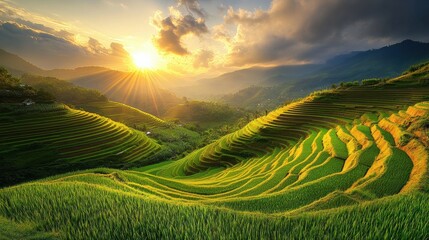Leinwandbilder - Sunset illuminating vibrant green rice terraces in Vietnam