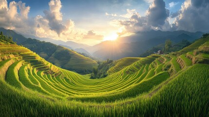 Leinwandbilder - Sunset illuminating vibrant green rice terraces in Mu Cang Chai, Vietnam