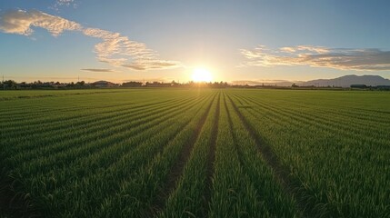 Poster - Soft sunlight filling fresh air over green rice field at sunset creating long shadows across rows of grain