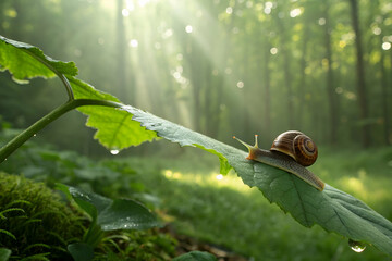 Sticker - Ecological Balance, A serene forest scene featuring a snail on a leaf, with soft sunlight filtering through trees, creating a peaceful atmosphere.