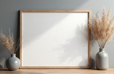 Poster - Landscape wooden frame mockup on grey wall with dry flowers in vase for artwork presentation. Blank white poster with passepartout for photo, image, print. Modern minimalistic style. Contemporary