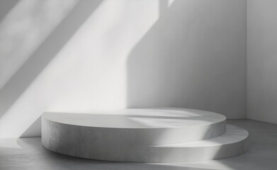 Poster - Empty white pedestal in a studio with dramatic light creating shadows