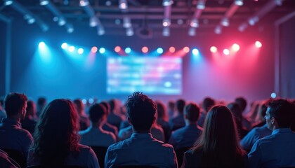 Fototapete - Audience attends cybersecurity conference, workshop. People listen to keynote speaker in hall. Education event, business seminar with modern technology, online privacy, data protection solutions