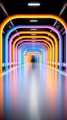 Poster - Colorful neon light tunnel with reflective floor.
