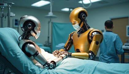 Aufkleber - Robotic surgery concept. AI robot doctor performs operation for humanoid robot patient in hospital bed. Artificial intelligence cyborgs repair each other in clinic. Innovation in health care.