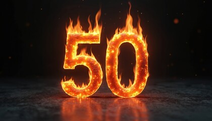 Poster - Fiery number 50. Orange flame blaze on black background. Hot 3D rendering design element for anniversary, celebrations, discounts. Burning numerical symbol with realistic fire texture.