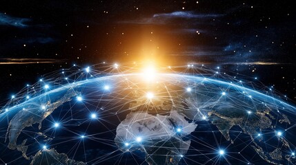 Fototapete - Futuristic global digital network illuminated by sunrise, representing technology, artificial intelligence, data connectivity, and worldwide communication innovation, Generative AI