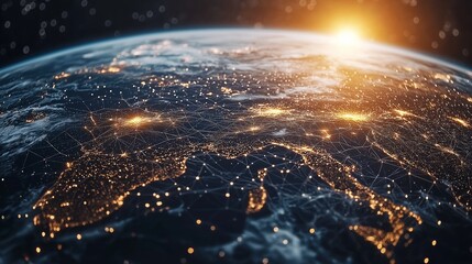 Fototapete - Digital network connections across the world at sunrise, representing global connectivity, technology, artificial intelligence, and data-driven innovation, Generative AI