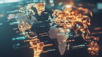 Fototapete - Futuristic digital world map with glowing data connections, representing global analytics, artificial intelligence, cybersecurity, and blockchain-driven economy, Generative AI