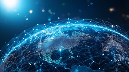 Fototapete - Futuristic digital network of Earth with glowing blue data connections, representing AI-driven global connectivity, cyberspace, and modern technological innovation, Generative AI