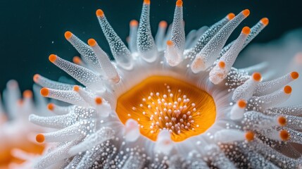 Wall Mural - Underwater macro shot of sea anemone, vibrant orange center, aquarium background, nature print