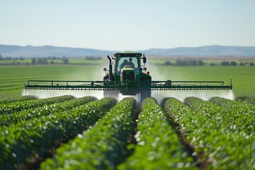 Poster - Agricultural tractor spraying pesticides on green crops, showcasing modern farming, crop cultivation, agribusiness, and agricultural technology for food production, Generative AI