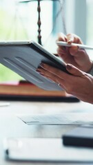 Fototapete - signature, tablet and business people in office with handshake for deal, online contract and b2b agr