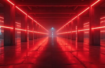 Aufkleber - Futuristic industrial warehouse interior with red neon lights illuminating concrete floor, columns. Modern architecture with roomy, empty venue, evokes moody, eerie atmosphere. Underground urban