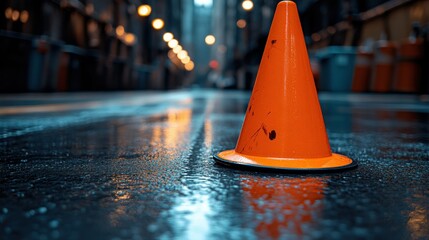 Sticker - Wet city street cone, rain, alleyway, reflection, caution