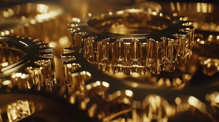 Poster - Golden gears interlock in a mesmerizing arrangement, showcasing their intricate designs and craftsmanship under soft lighting that enhances their sheen