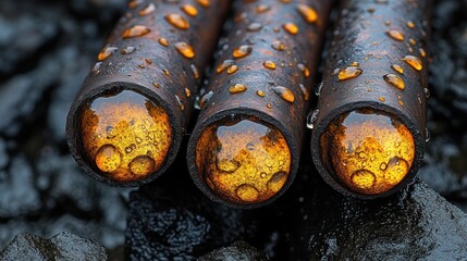 Poster - Wet rusty pipes, oil reflections, dark background, industrial setting