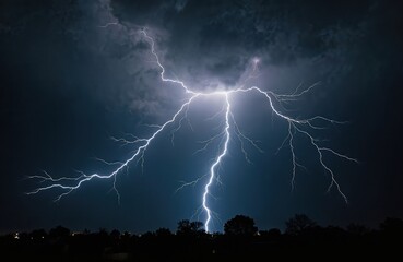 Poster - Striking lightning bolt with extensive branching against stormy sky. Electric strike illuminates dark night over trees silhouette. Powerful energy discharge, thunder, rain weather event concept. High