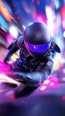 Poster - Futuristic motorcyclist speeding through vibrant city lights at night.