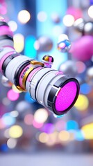 Poster - Futuristic pink and white cylindrical device with glowing purple end, floating amidst colorful bokeh.