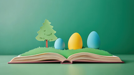 Wall Mural - easter gift ideas kid. Easter pop up book with colorful eggs and green landscape