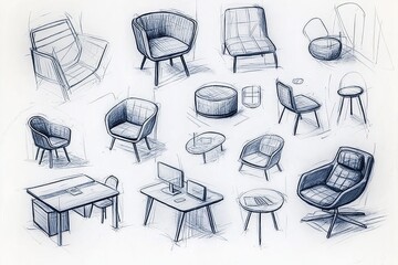 Aufkleber - Hand-drawn furniture design sketches featuring various modern chair and table concepts, emphasizing creativity, architecture, and interior decoration, Generative AI