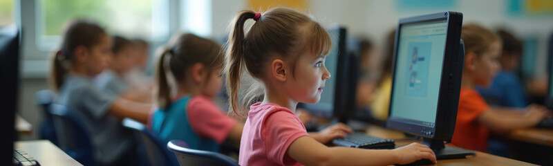 Kids sit computers in classroom. Children study technology using PC monitor, keyboard in school. Group young students learning, coding, programming. Education concept, modern learning, technology in
