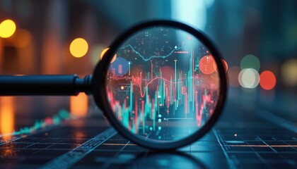 Poster - Magnifying glass focuses on abstract digital stock market graph with bokeh lights. Financial tech innovation connects global knowledge to place. Sharpened chart presents investment trading, economic
