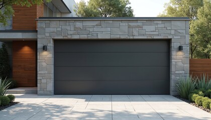 Poster - illustration of modern garage exterior with sectional door, stone facade. grey shutter gate, paved d