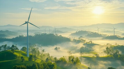 Aufkleber - Multiple wind turbines standing over foggy mountains at sunrise, generating renewable energy while symbolizing sustainability, environmental consciousness, and a clean energy future, Gerneative AI