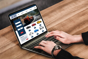 Poster - car rental website on computer screen for tourist to rent a car for transportation snugly