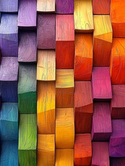 Wall Mural - Colorful wooden blocks arranged in a staggered, textured, and vibrant pattern.