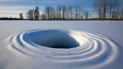 Poster - Winter lake ice hole, swirling snow patterns, trees background, nature photography