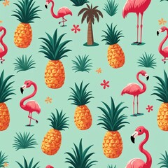 Poster - Seamless pattern featuring retro tropical motifs like palm trees, flamingos, pineapples in vibrant hues. Groovy 70s style design for textile, wallpaper, backdrop. Funky print, colorful, creative,