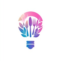 Wall Mural - Creative lightbulb with cutlery and leaves. Restaurant logo