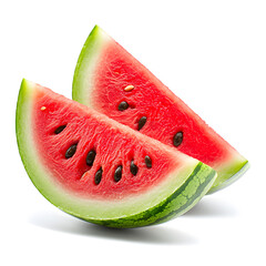 Wall Mural - Fresh ripe slice of watermelon with visible black seeds, juicy watermelon wedge isolated on a white surface