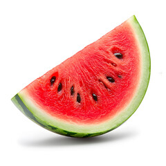 Wall Mural - Fresh ripe slice of watermelon with visible black seeds, juicy watermelon wedge isolated on a white surface