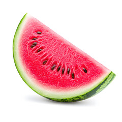 Wall Mural - Fresh ripe slice of watermelon with visible black seeds, juicy watermelon wedge isolated on a white surface