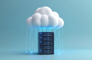 Fototapete - Illustration of cloud storage, online data hosting. White cloud hangs above server racks on blue background. Cloud computing technology, networking concept. AI generated render for digital solutions,