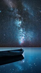 Wall Mural - lone boat floating on a calm and serene lake under a starry night sky, glowing constellations, peace