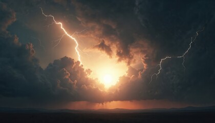Poster - Dramatic stormy sky illustration with black clouds, bright lightning, and sun peeking through. strikes. Dark, tense atmosphere conveys power of nature, disaster, and climate change.