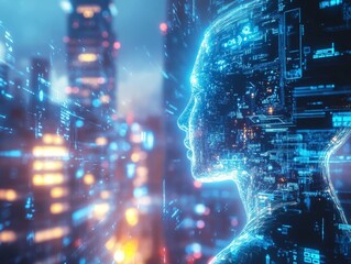 Poster - futuristic digital silhouette of human head with glowing circuitry, set against cityscape.