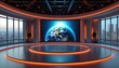 © miss irine - Modern television studio interior with large screen displaying Earth. TV news studio setup with light, stage for broadcasting. Virtual set design with digital display, live event production backdrop.